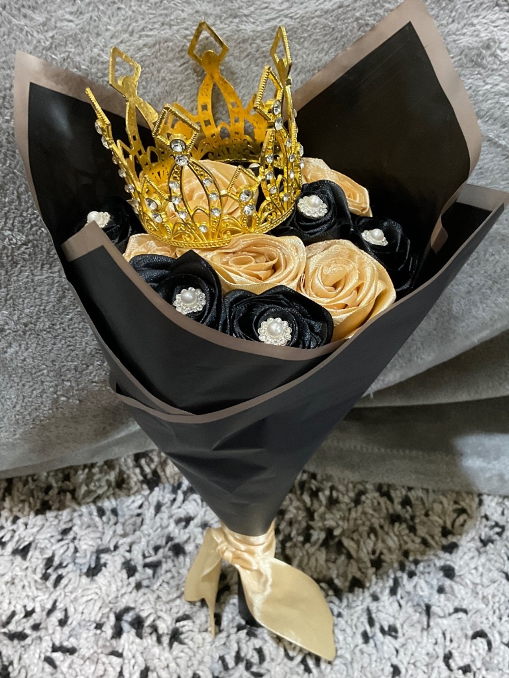Handmade black / champagne Satin Ribbon Rose Bouquet Forever Flowers Gift Decor